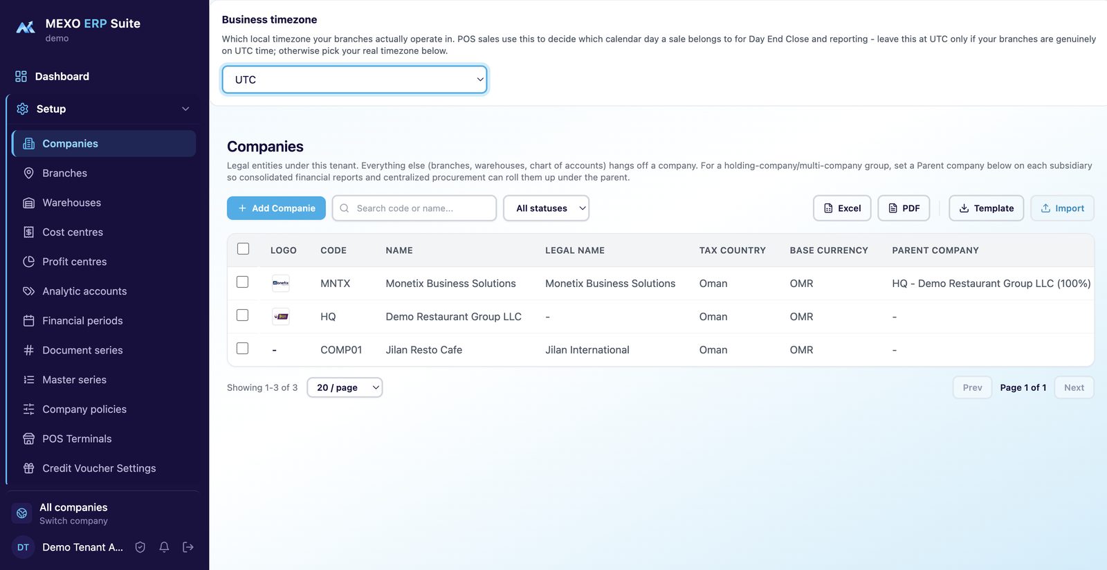Mexo Companies screen listing legal entities with tax country, base currency and parent company