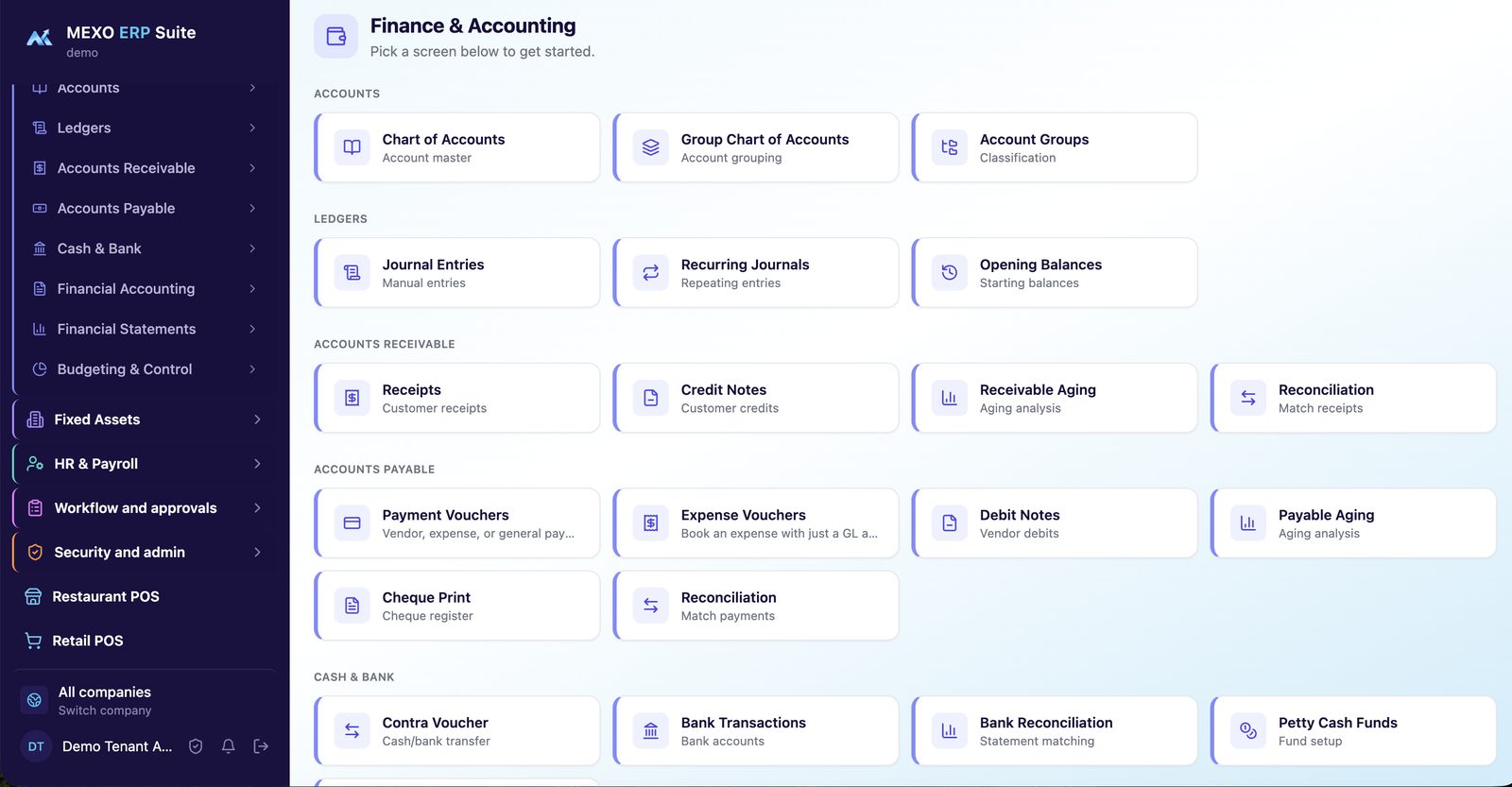 Mexo Finance & Accounting module: chart of accounts, journals, receivables, payables and cash & bank