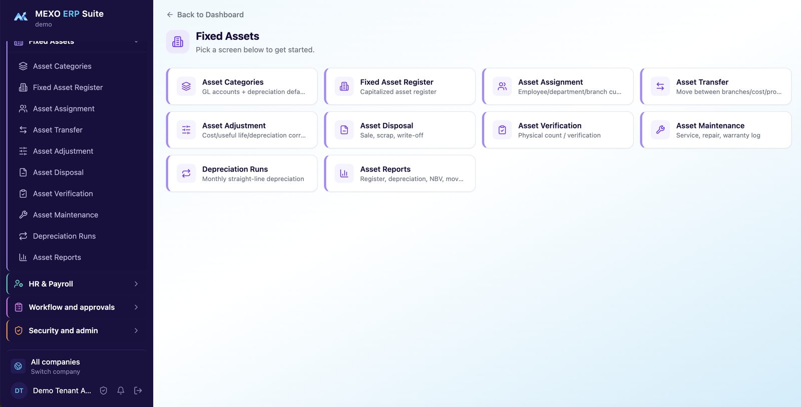 Mexo Fixed Assets module: register, assignment, transfer, disposal, verification, maintenance, depreciation runs