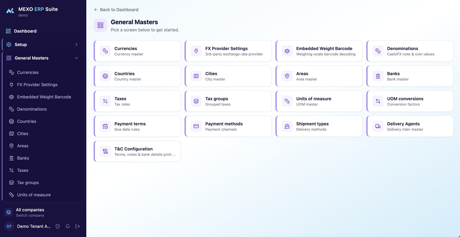 Mexo General Masters: currencies, FX provider, taxes, UOM, payment terms and methods