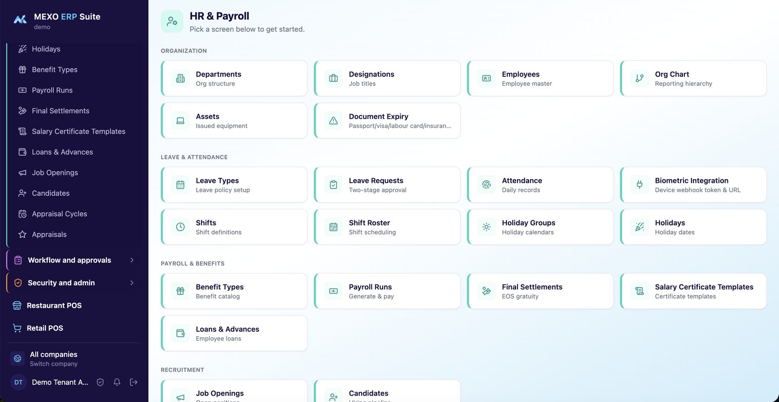 Mexo HR & Payroll module: organisation, leave and attendance, payroll and benefits, recruitment