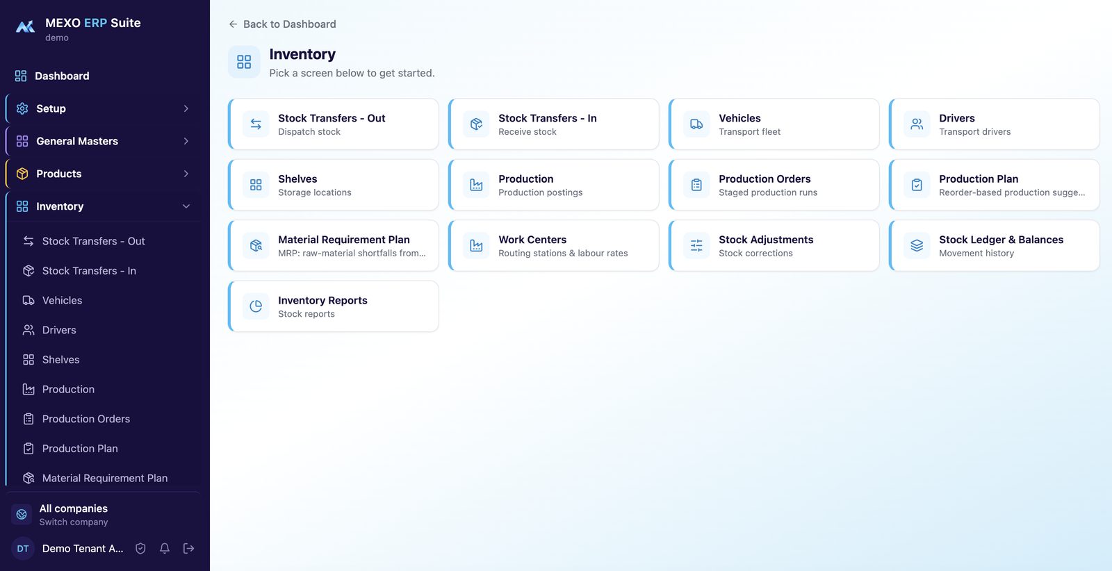 Mexo Inventory module: transfers, shelves, production, work centres, MRP, stock ledger