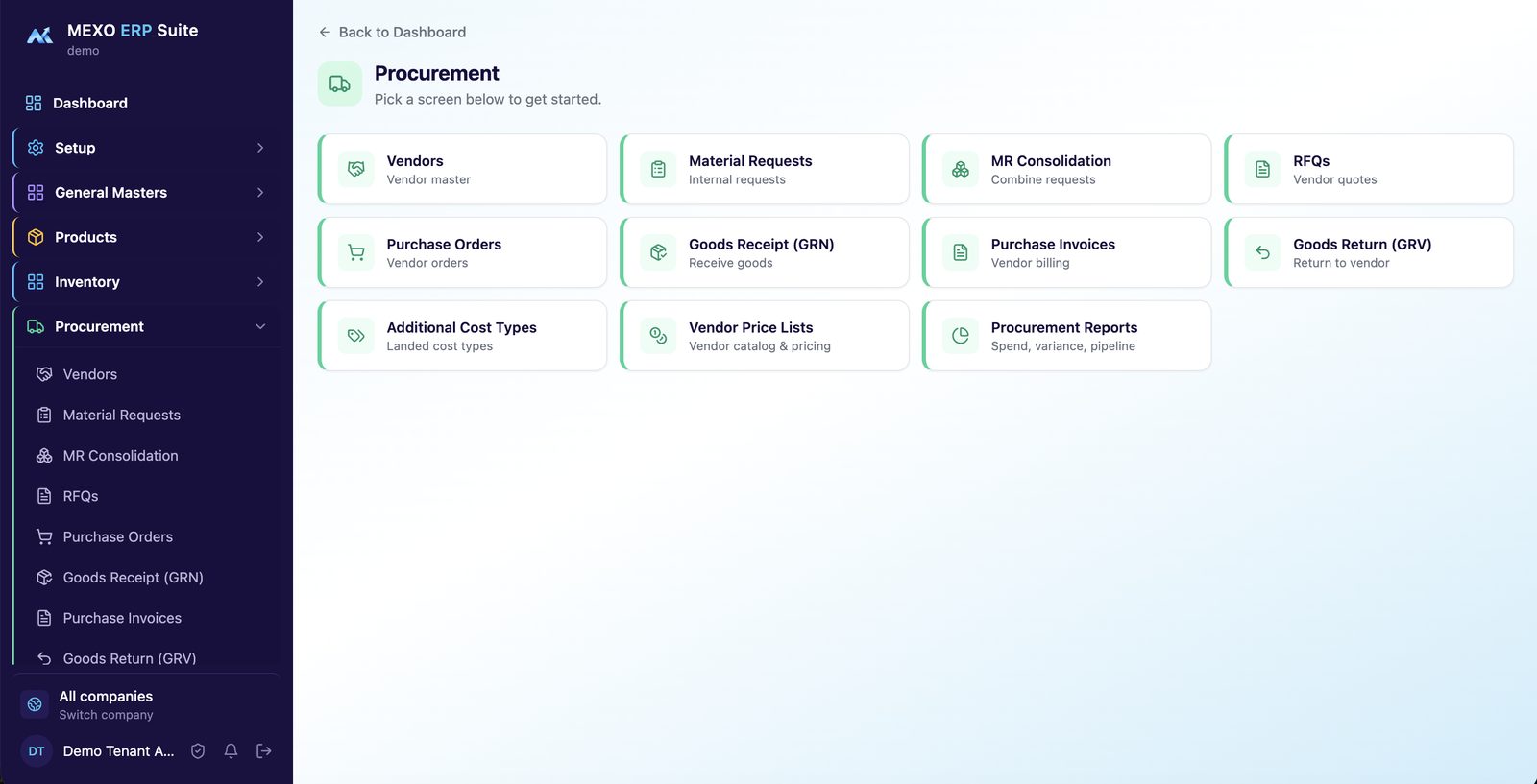 Mexo Procurement module: vendors, material requests, RFQs, purchase orders, GRN, purchase invoices and returns