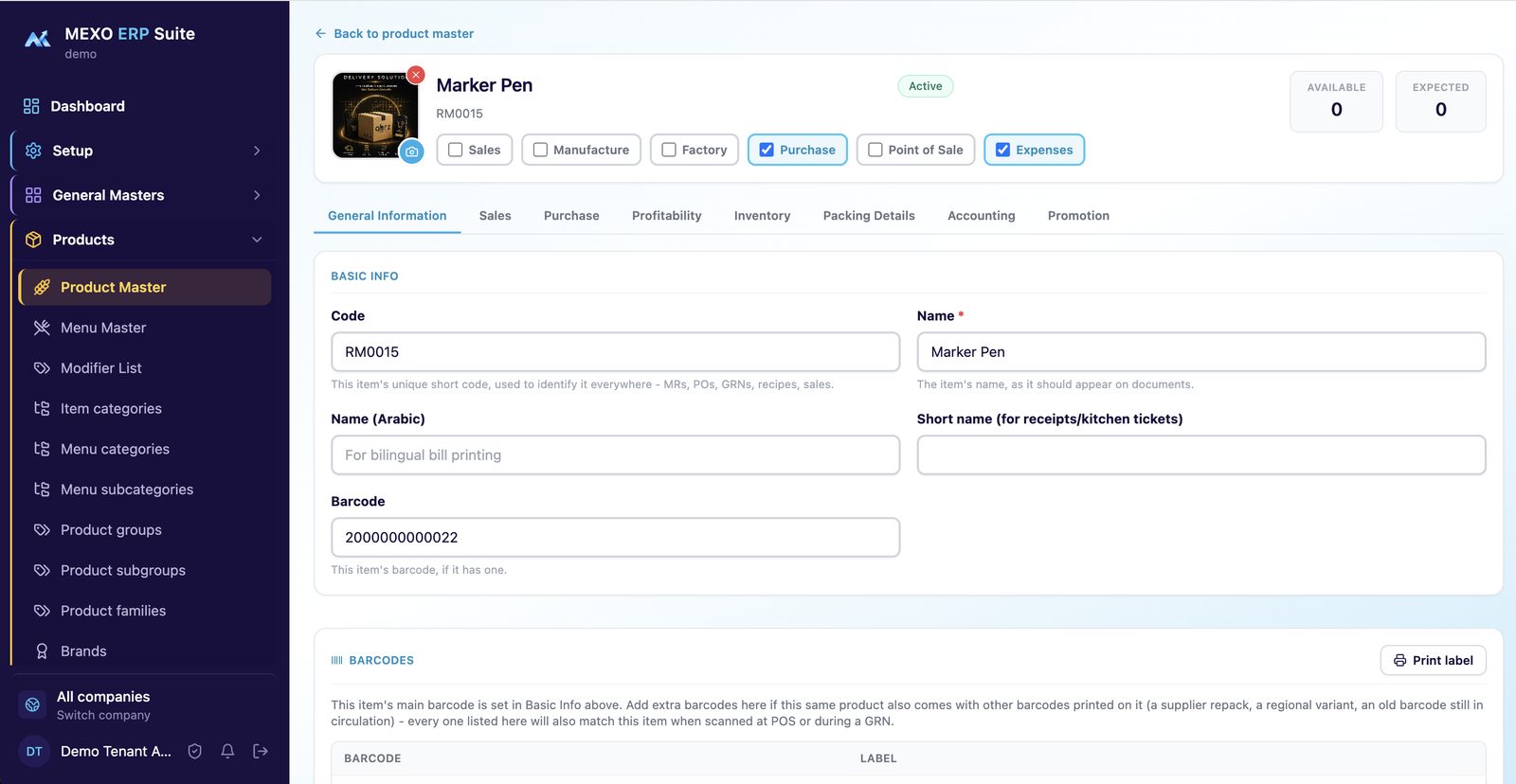 Mexo Product master with codes, Arabic name, barcodes and usage flags