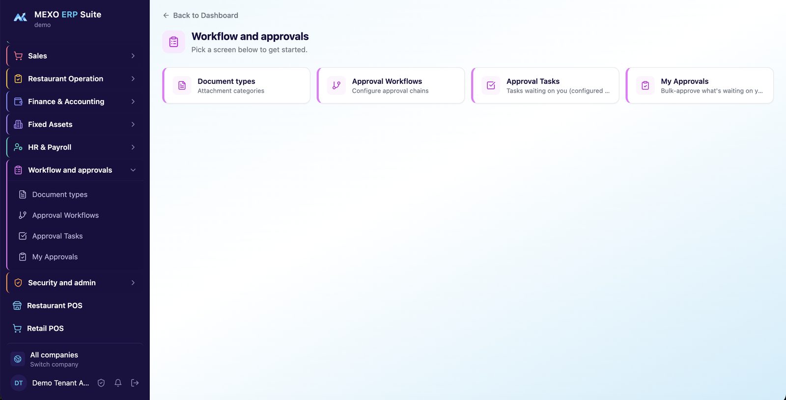 Mexo Workflow and approvals module: document types, approval workflows, approval tasks, my approvals